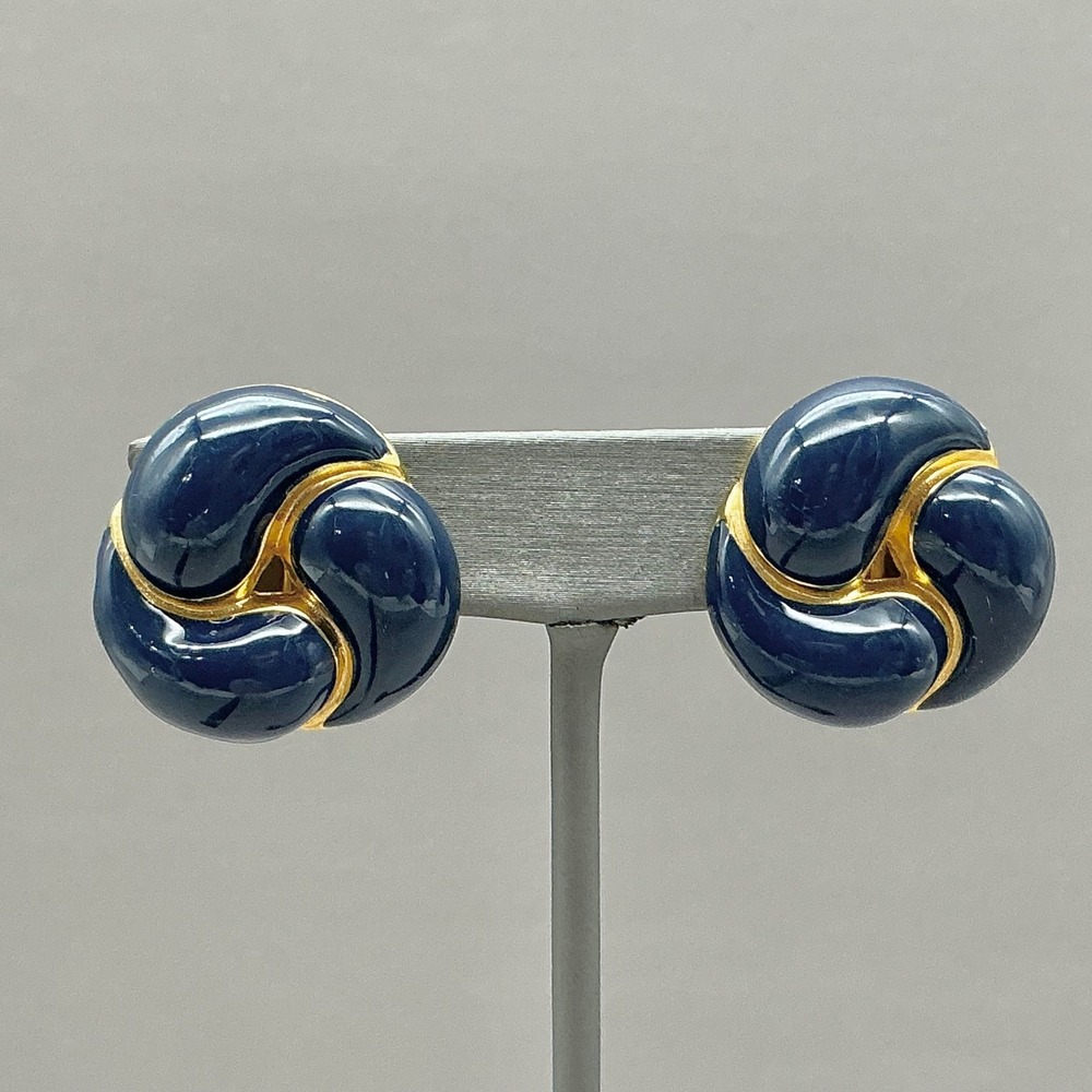 Earrings Women Blue‎ Gold Tone Vintage Enamel Swirl Knot Clip On 1 Inch